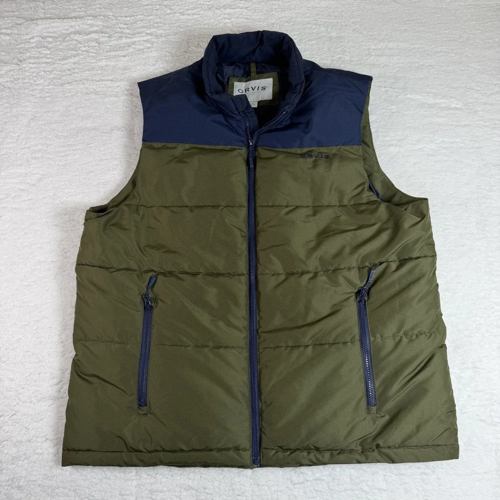 Orvis Puffer Vest Olive Green Navy Blue Full Zip Outdoor Men's Size Large